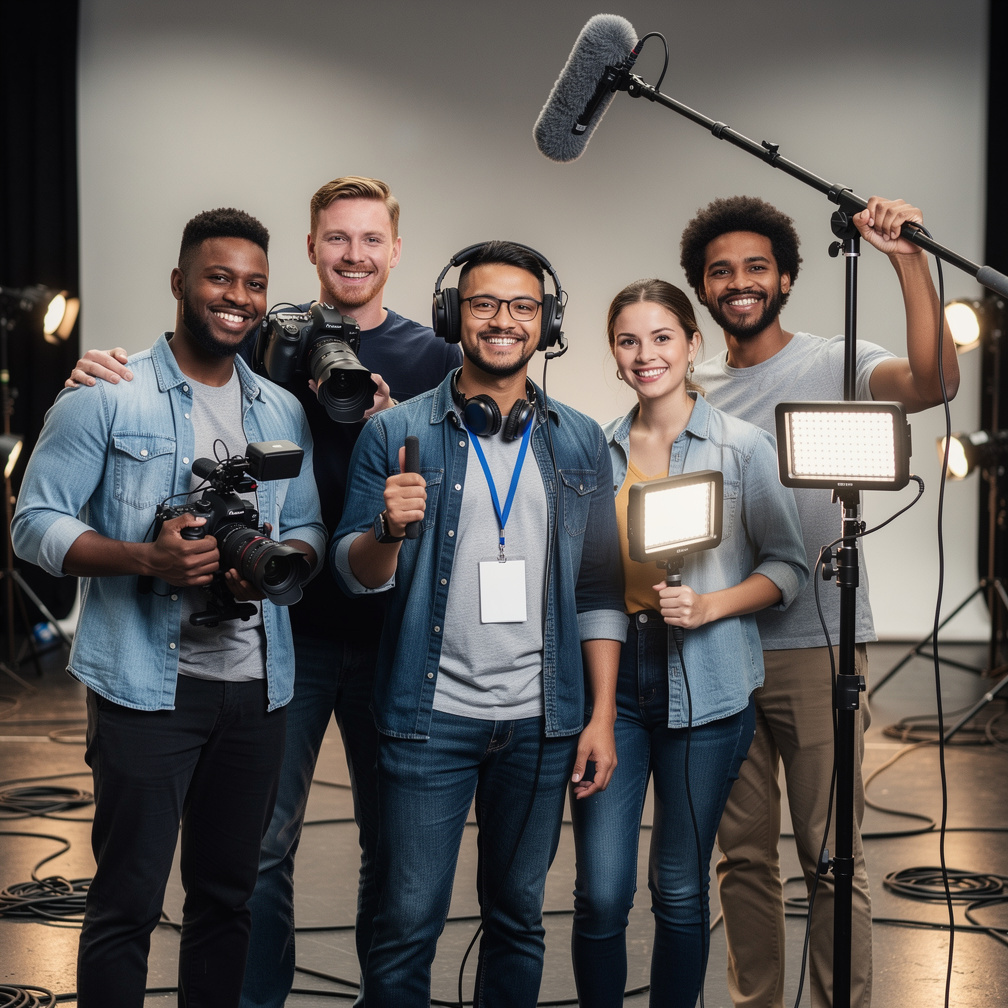 Diverse production crew team group photo on set