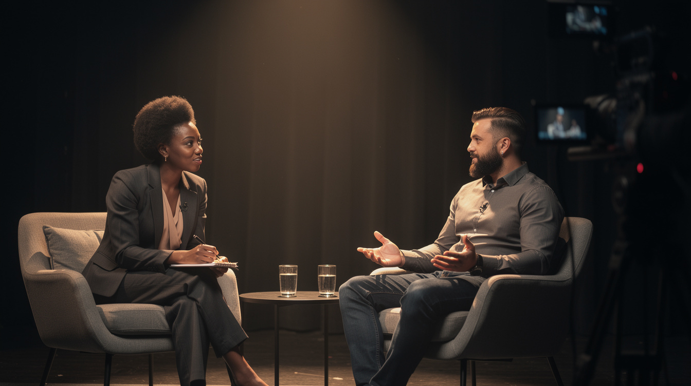 Spotlight interview in progress with two people seated on stage