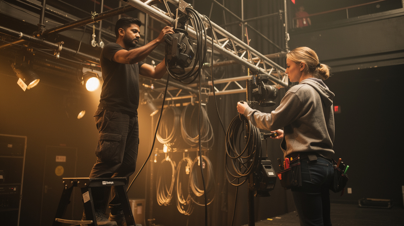Backstage crew adjusting lighting cables before a show