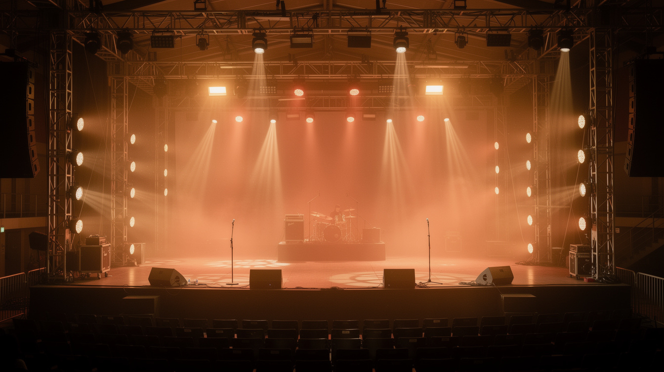 Concert stage with dramatic coloured lighting rig