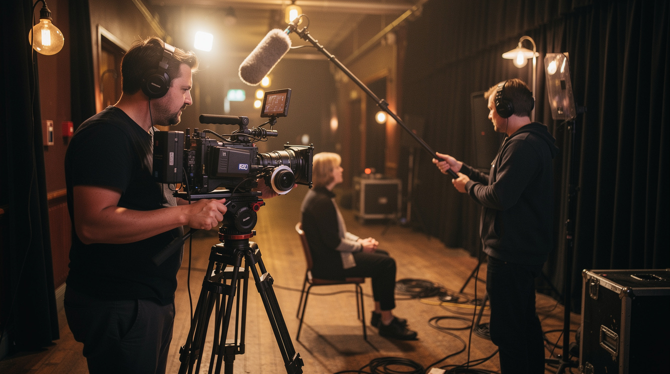 Backstage interview with camera operator and boom microphone