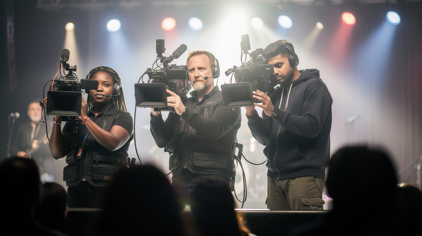 Camera crew filming a live show from the audience pit