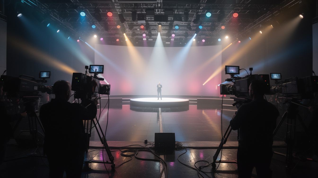 Live show stage with camera rig and coloured spotlights