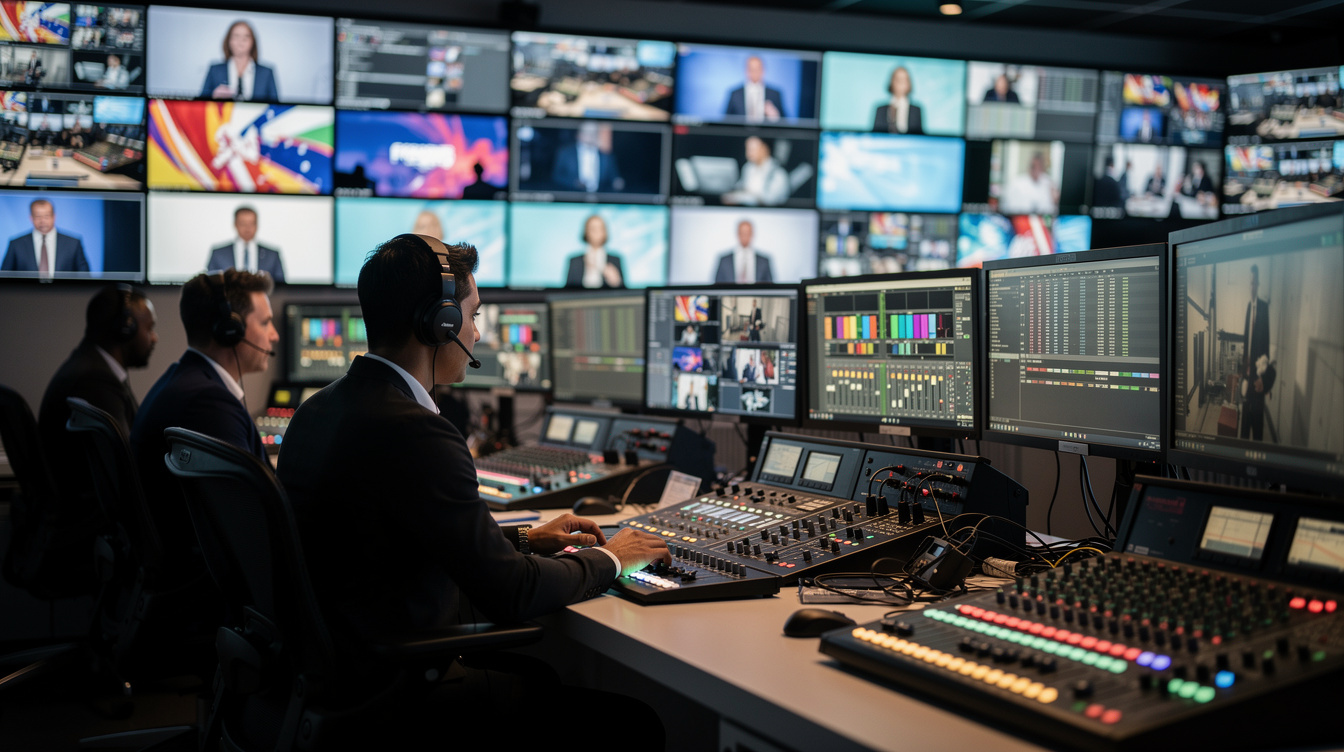 Control room with monitors during a live broadcast switch