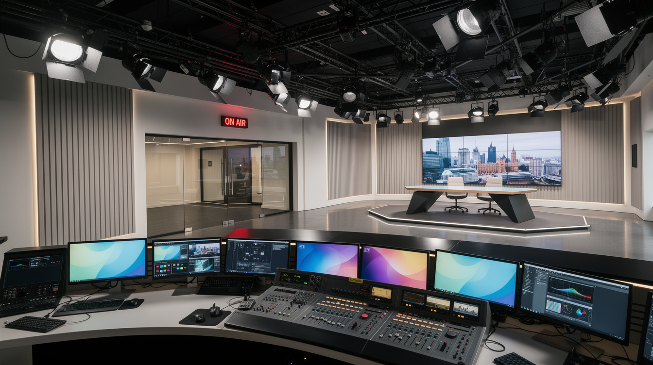 Interior of a modern broadcast studio with control desk
