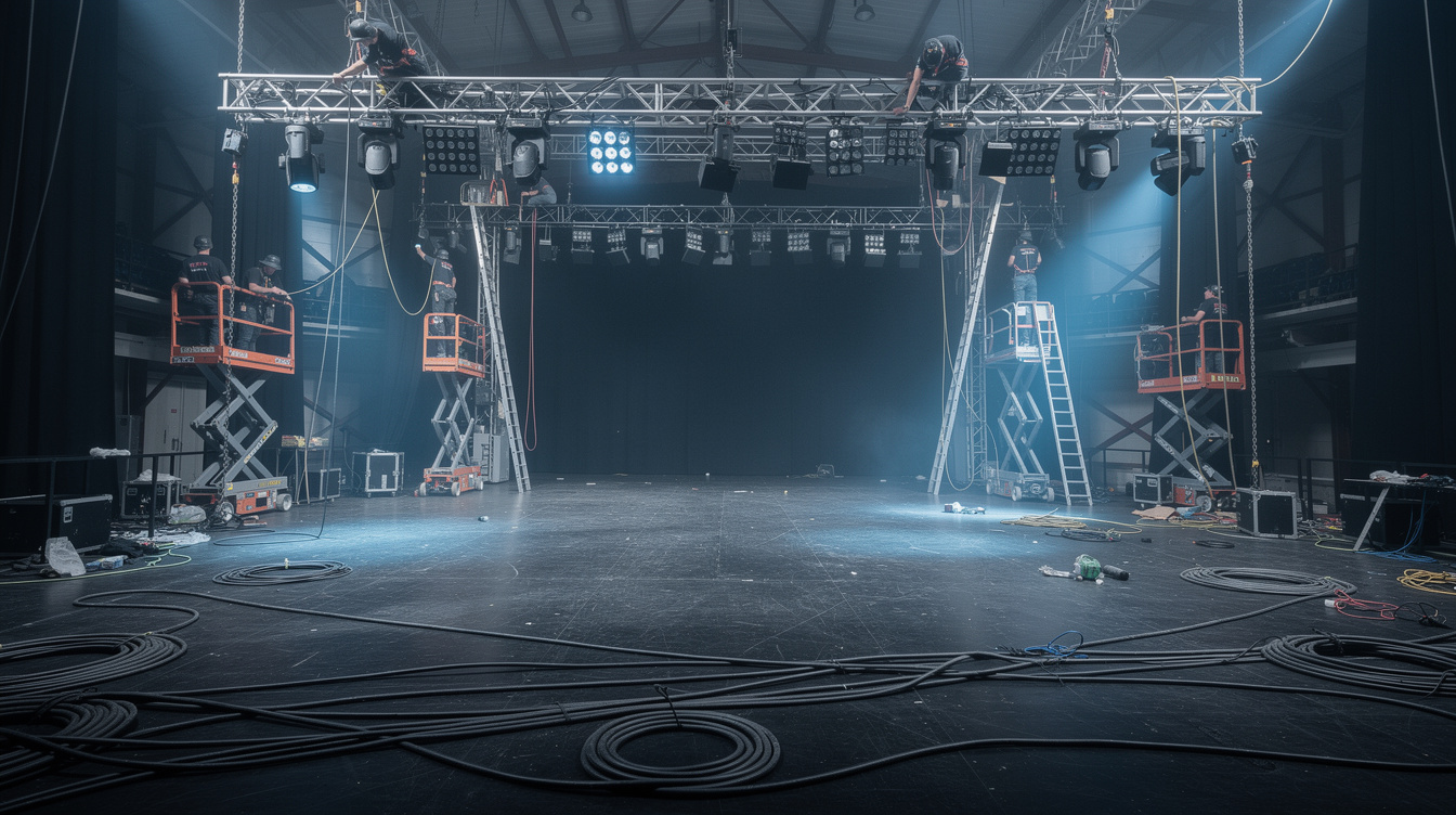 Empty stage set being prepared with lighting trusses