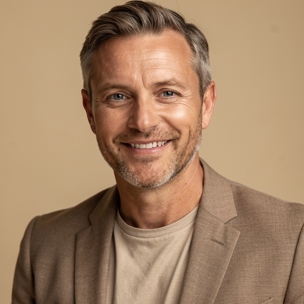 British male event producer smiling in studio portrait