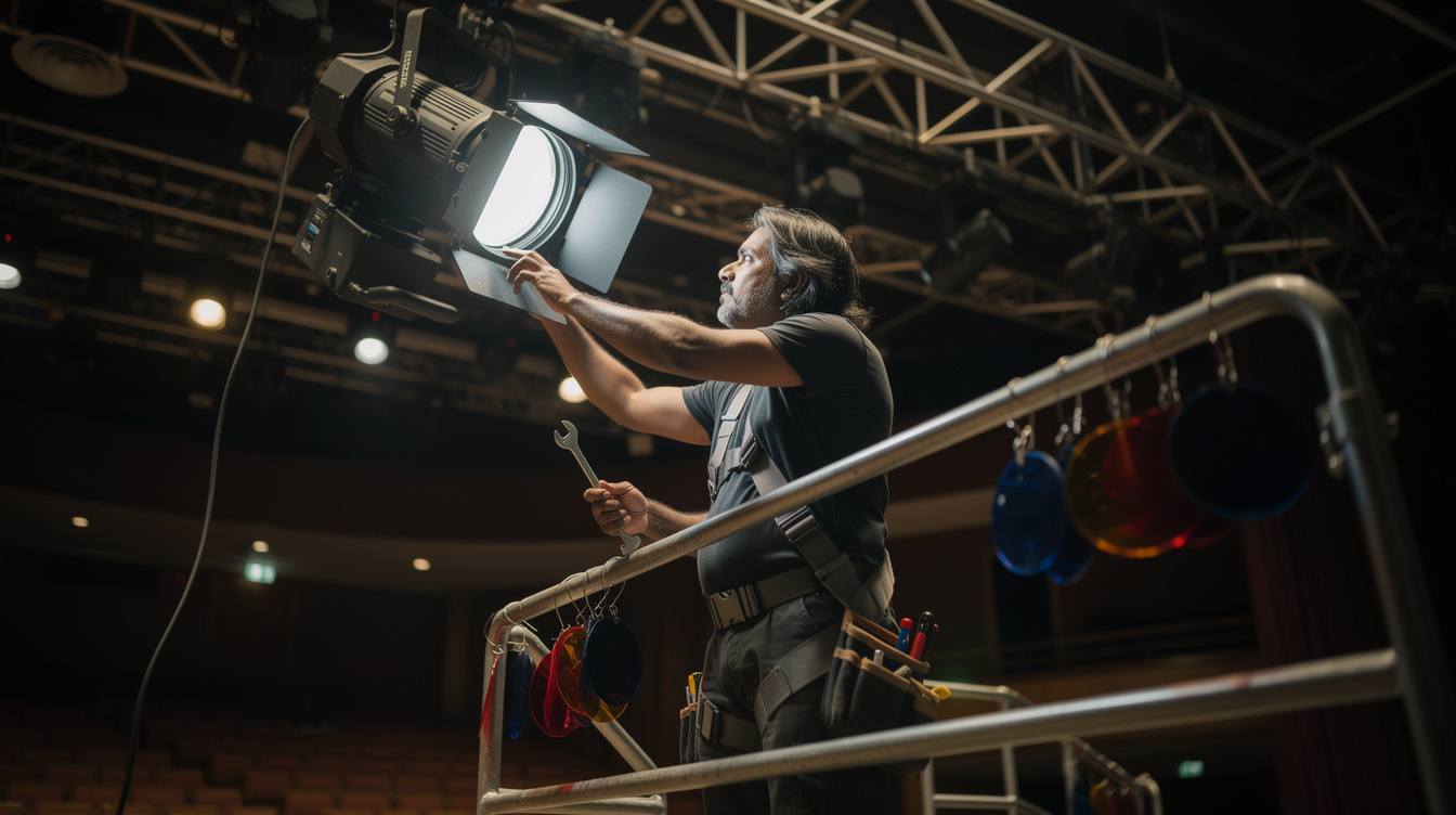 Lighting technician adjusting a spotlight rig above a stage